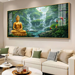 Modern Buddha Meditating Waterfall Nature Scene Canvas Painting
