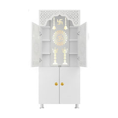 Minimalist White Pooja Mandir with Om Design | Home Temple Storage Unit