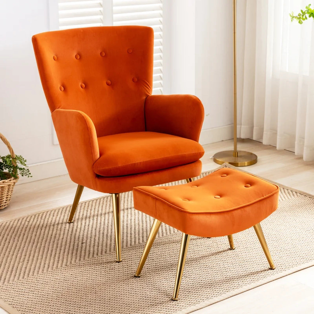 Tufted Long Back Orange Lounge Chair With Ottoman