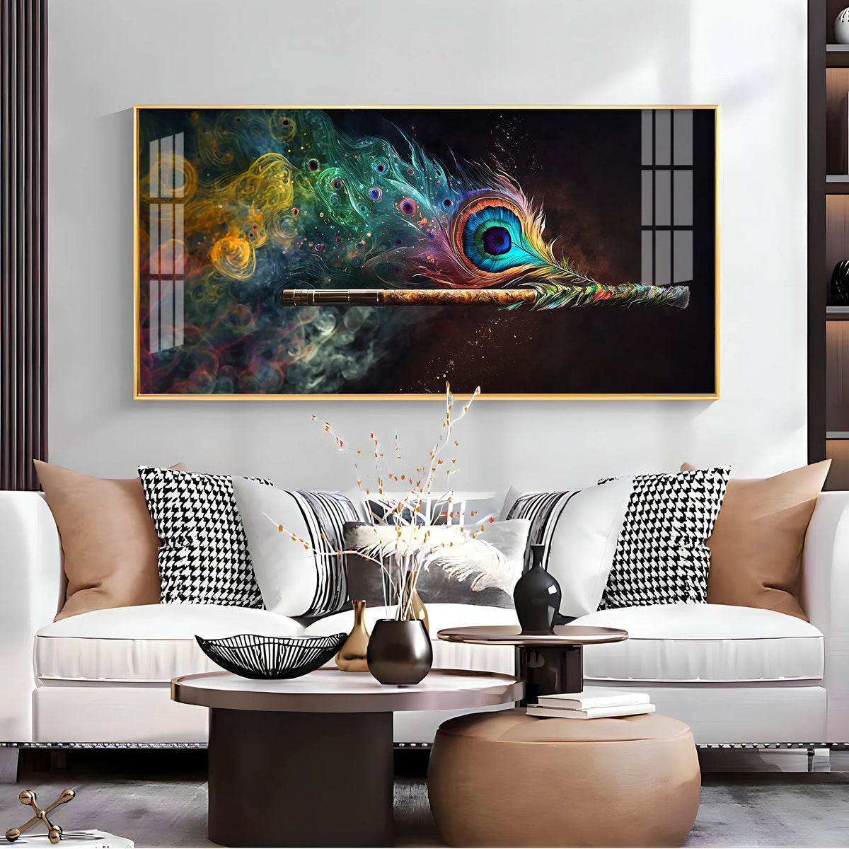 Premium Krishna Flute & Peacock Feather Acrylic Painting - Abstract Mor Pankh Wall Art for Living Room