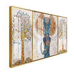 The Golden Elephant Prosperity Triptych: Jeweled Acrylic Canvas Set