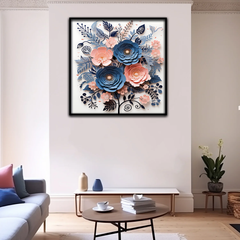 3D Floral Wall Art – Navy Blue and Blush Pink Paper Flower Bouquet in Black Frame