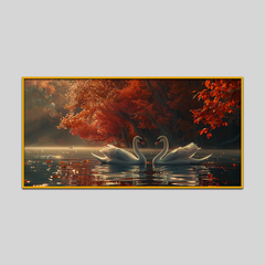 Elegant Swans Birds Gliding Serene Lake Surrounded Canvas Printed Wall Paintings