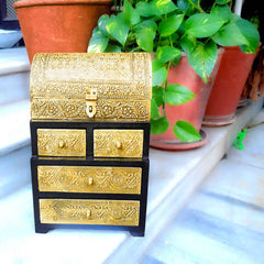 Vintage Jewelry Box Brass | Wooden Chest With 5 Drawers