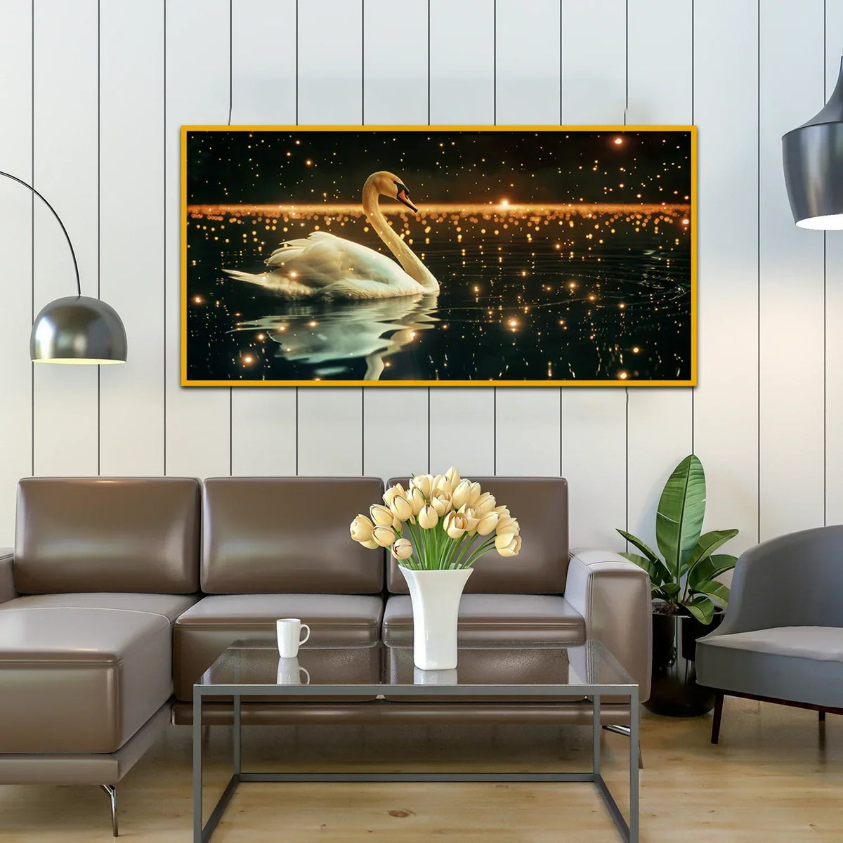 Graceful Swan Serene Lake Surrounded By Whimsical Sparkling Lights Nighttime Canvas Wall Paintings Clearance Sale