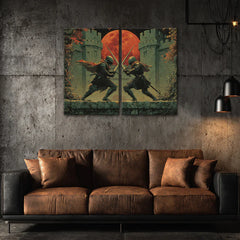 Two Knights Painting | Medieval Warrior Sword Fight Canvas | Dark Fantasy Battle Wall Art | Gothic Castle Duel Scene for Living Room & Game Room