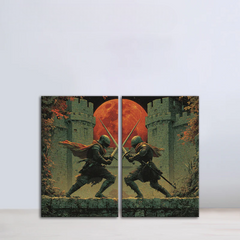 Two Knights Painting | Medieval Warrior Sword Fight Canvas | Dark Fantasy Battle Wall Art | Gothic Castle Duel Scene for Living Room & Game Room