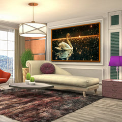 Graceful Swan Serene Lake Surrounded By Whimsical Sparkling Lights Nighttime Canvas Wall Paintings Clearance Sale