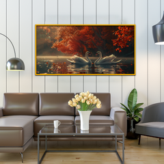 Elegant Swans Birds Gliding Serene Lake Surrounded Canvas Printed Wall Paintings