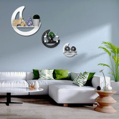 Moon Shape Set of 3 Wood Wall Shelf / Book Shelf, White & Grey