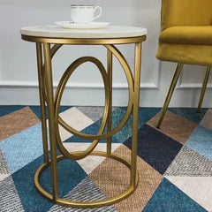 Modern White Marble Round Shaped Side Table with Golden Metallic Side