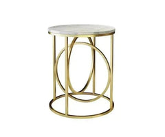 Modern White Marble Round Shaped Side Table with Golden Metallic Side
