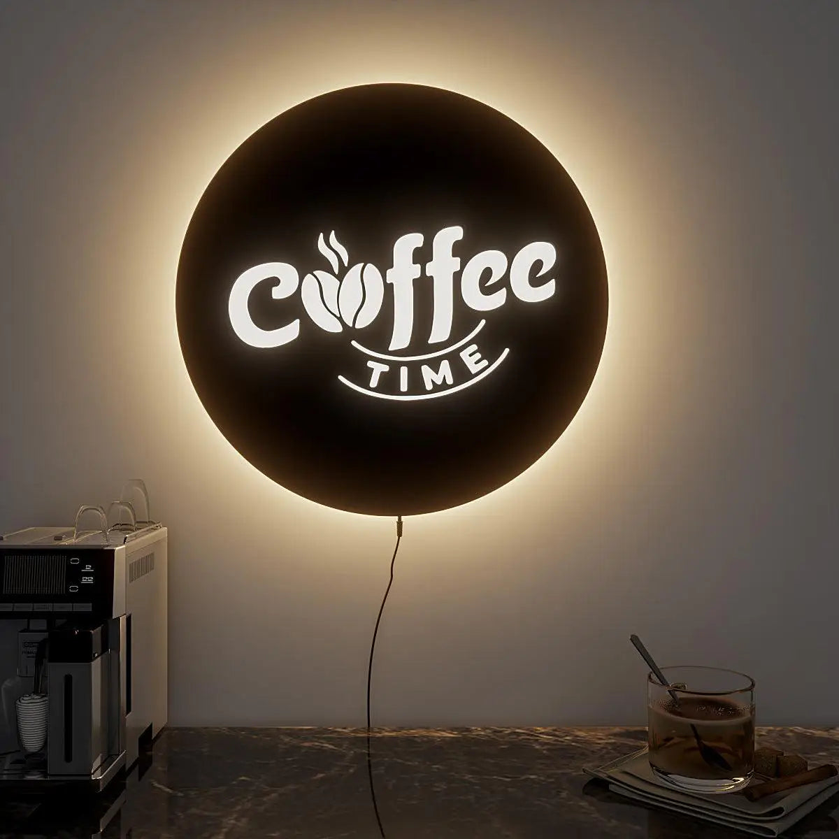 Designer Round Backlit Kitchen Wall Decor for Coffee Lovers