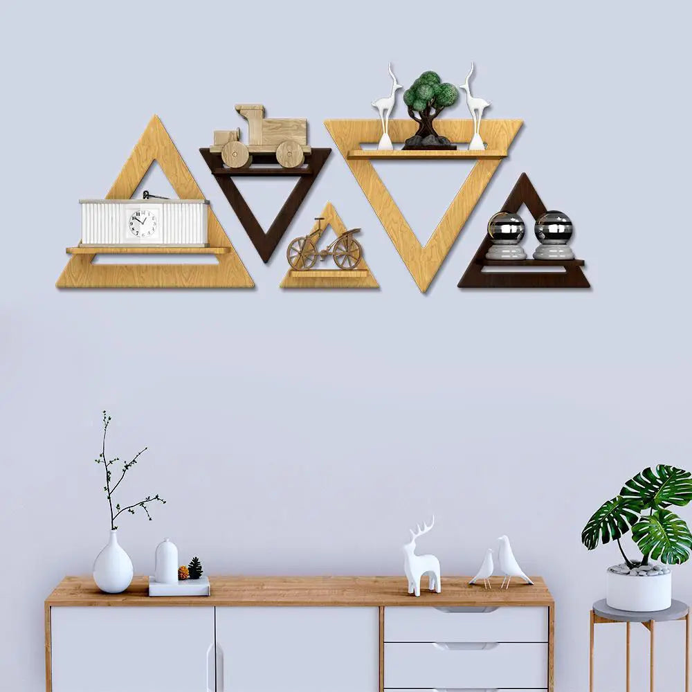 Triangle Shape Wood Wall Shelf / Book Shelf,Walnut and Oak Finish