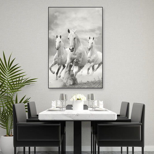 Monochromic White Running Horses Framed Wall Art