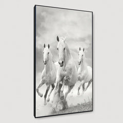 Monochromic White Running Horses Framed Wall Art