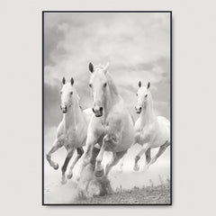 Monochromic White Running Horses Framed Wall Art