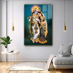 Lotus Pattern MDF Wood Temple with Spacious Shelf & Inbuilt Focus Light- Brown with Acrylic Radha Krishna canvas painting