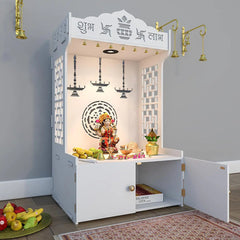 Timeless Wooden Mandir for Home with Spacious Shelf & Inbuilt Focus Light- White