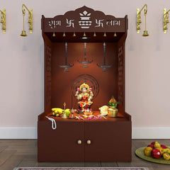 Timeless Wooden Mandir for Home with Spacious Shelf & Inbuilt Focus Light- Brown