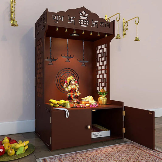 Timeless Wooden Mandir for Home with Spacious Shelf & Inbuilt Focus Light- Brown