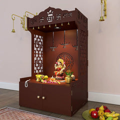 Timeless Wooden Mandir for Home with Spacious Shelf & Inbuilt Focus Light- Brown