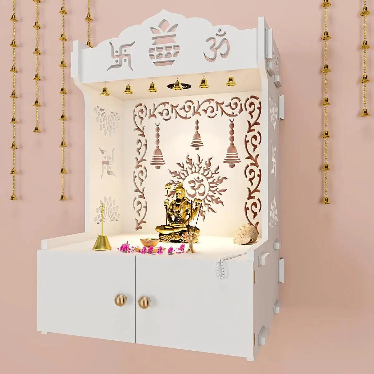 Premium Wall Temple with Inbuilt Focus Light & Spacious Wooden Shelf- White