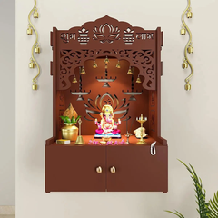 Lotus Brown Wooden Wall Temple for Home With Inbuilt focus Lights & Spacious Shelf