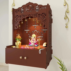 Lotus Brown Wooden Wall Temple for Home With Inbuilt focus Lights & Spacious Shelf