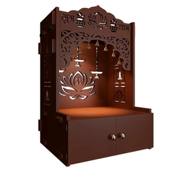 Lotus Brown Wooden Wall Temple for Home With Inbuilt focus Lights & Spacious Shelf