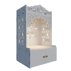 Lotus Pattern MDF Wood Temple with Spacious Shelf & Inbuilt Focus Light- White