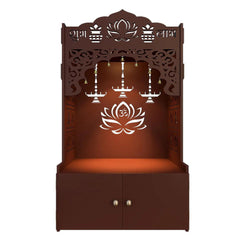 Lotus Pattern MDF Wood Temple with Spacious Shelf & Inbuilt Focus Light- Brown