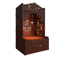 Lotus Pattern MDF Wood Temple with Spacious Shelf & Inbuilt Focus Light- Brown