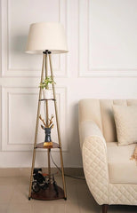 Divine Trends 3 Shelves Floor Lamp Brass Antique Finish 5 Feet Height with 16” Diameter Off White LampShade