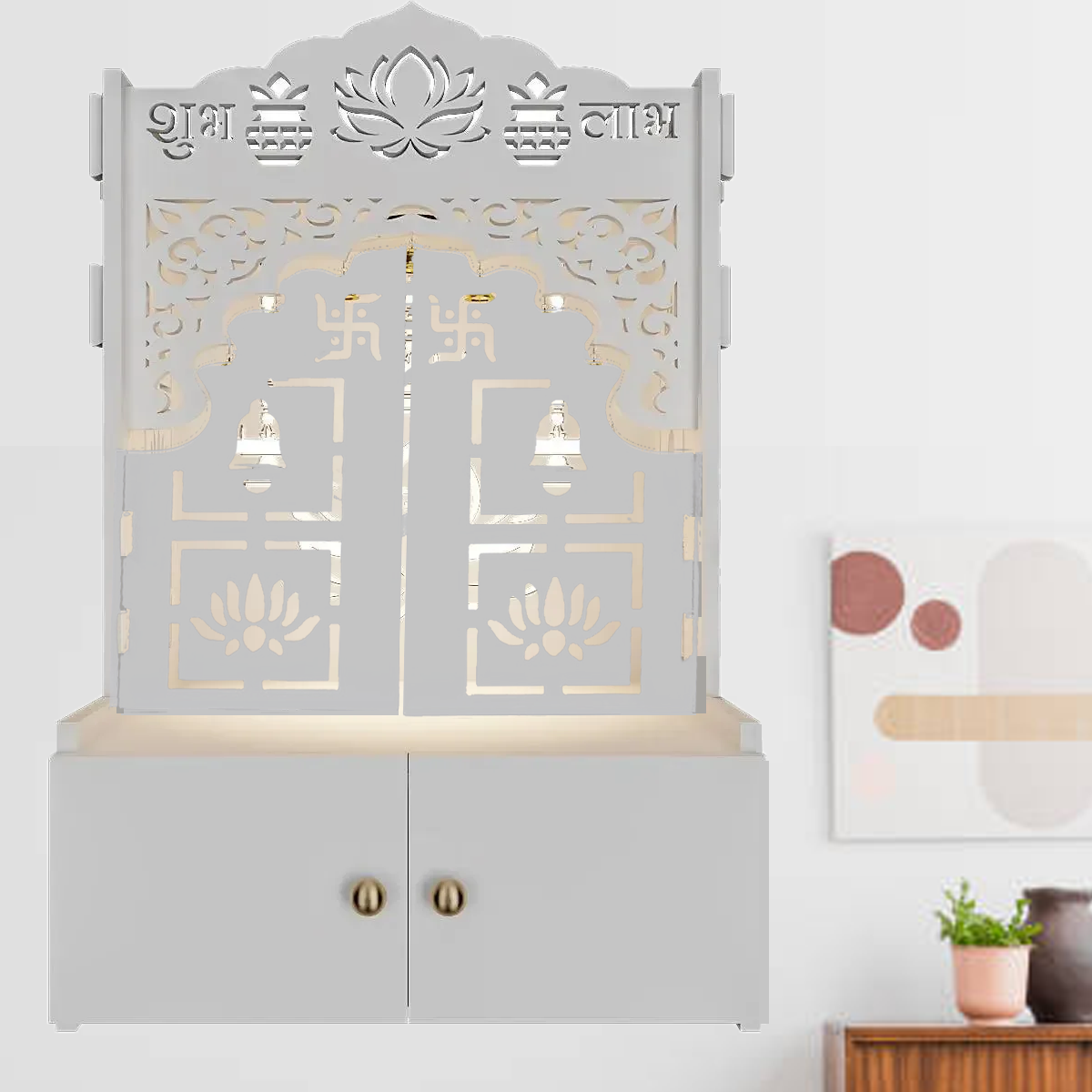 Lotus White Finish Wooden Door Wall Temple for Home With Inbuilt focus Lights & Spacious Shelf