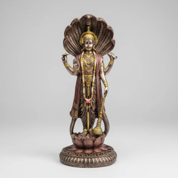 Lord Vishnu Idol Showpiece – Detailed Polyresin Statue with Serpent Canopy & Lotus Base