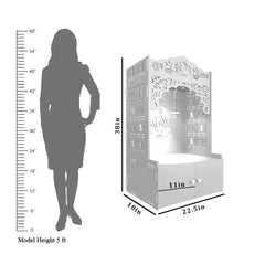 Lotus Pattern MDF Wood Temple with Spacious Shelf & Inbuilt Focus Light- Brown with Acrylic Radha Krishna canvas painting