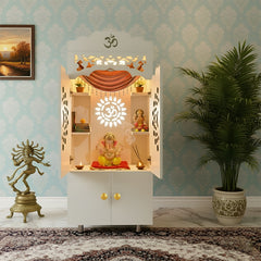 Premium White MDF Temple Cabinet | White Pooja Mandir with Doors & LED