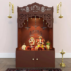 Lotus Pattern MDF Wood Temple with Spacious Shelf & Inbuilt Focus Light- Brown with Acrylic Radha Krishna canvas painting
