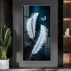 Premium 3D Silver Feather Acrylic Wall Art - Vertical Luxury Glass Painting