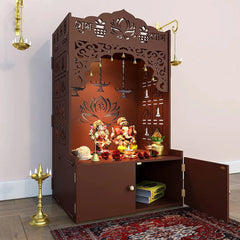 Lotus Pattern MDF Wood Temple with Spacious Shelf & Inbuilt Focus Light- Brown