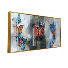 3-Panel Butterfly Wall Art: Colorful Butterflies on Grey & Gold Abstract | Modern Triptych