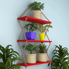 Cross Rope Wooden Wall Hanging Planter Shelf (Red Color)