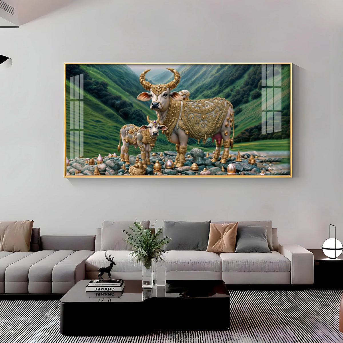 Sacred Kamdhenu Cow and Calf Acrylic Painting-Vastu Shastra Wall Art for Prosperity & Abundance