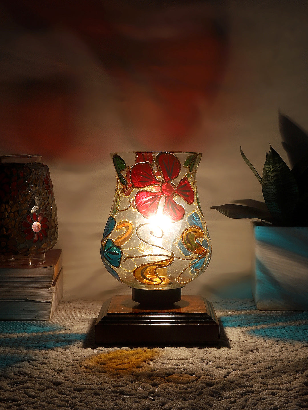 Mosaic Glass Table Lamp with wood Square Brown Base (NM23)