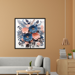 3D Floral Wall Art – Navy Blue and Blush Pink Paper Flower Bouquet in Black Frame
