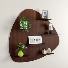 Abstract Shape Backlit Wood Wall Shelf / Book Shelf / Night Light, Walnut Finish