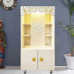 Luxury White Home Temple with LED Backlight & $Om$ Design | Pooja Mandir Storage