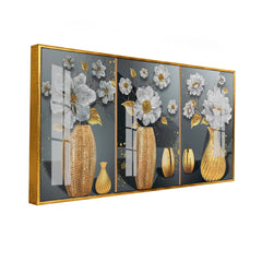 Luxury 3-Panel Floral Wall Art: Gold Vase, White Flowers on Dark Grey | Premium Triptych