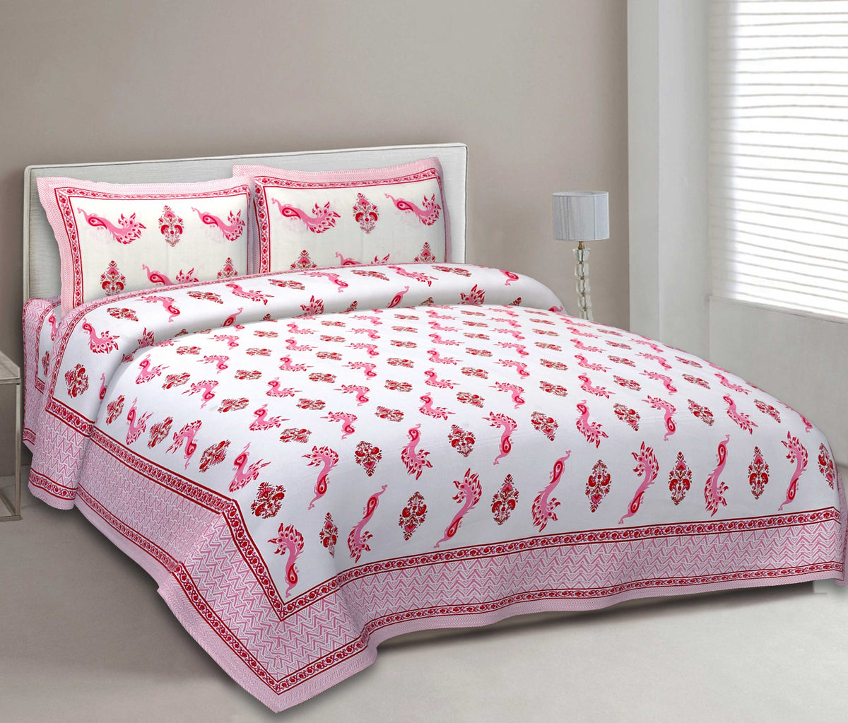 Pink Peacock Paradise Cotton Double Bedsheet